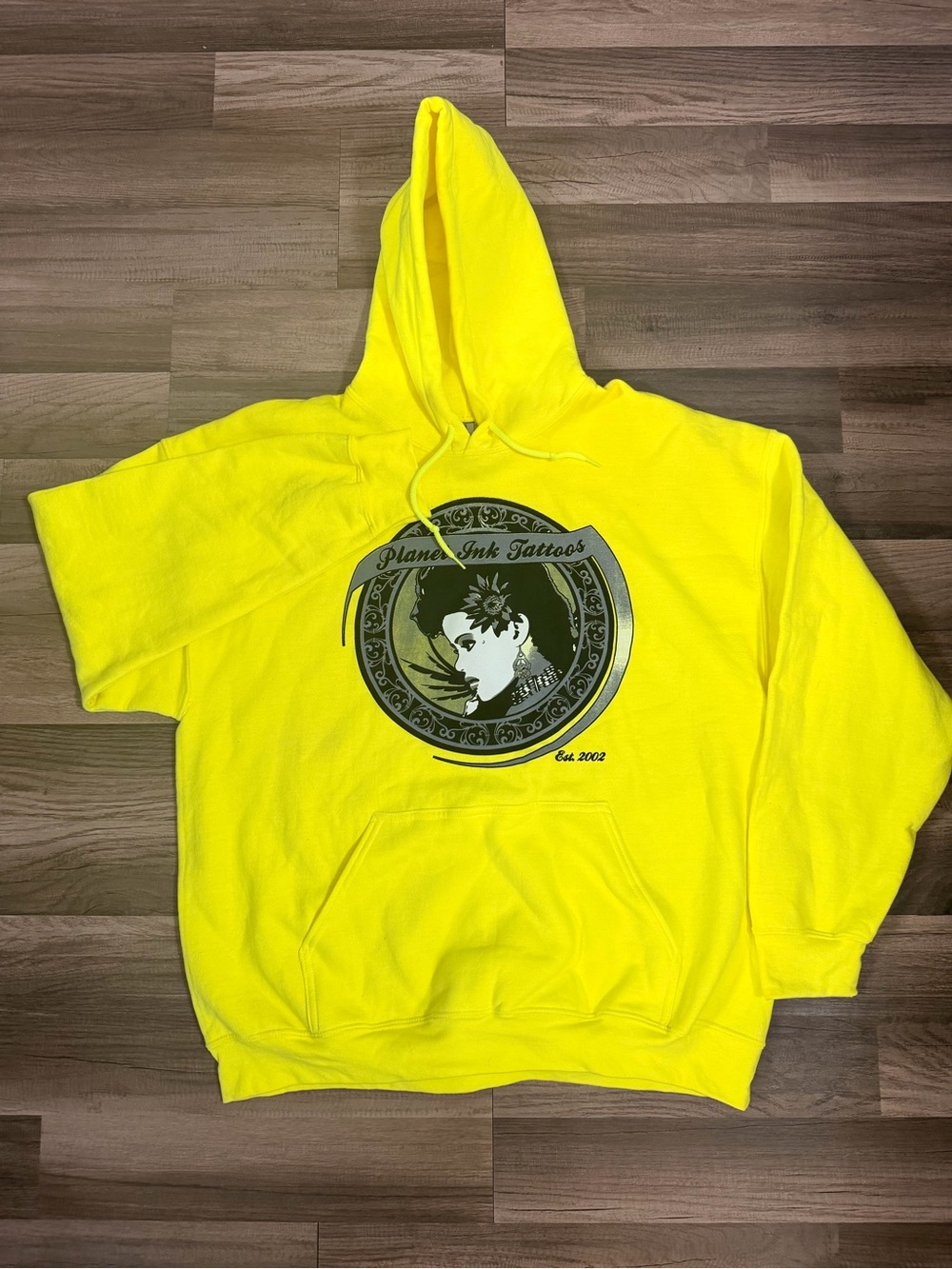 Gildan Neon Yellow V-Neck Pullover Hoodie with Tattoo Graphic